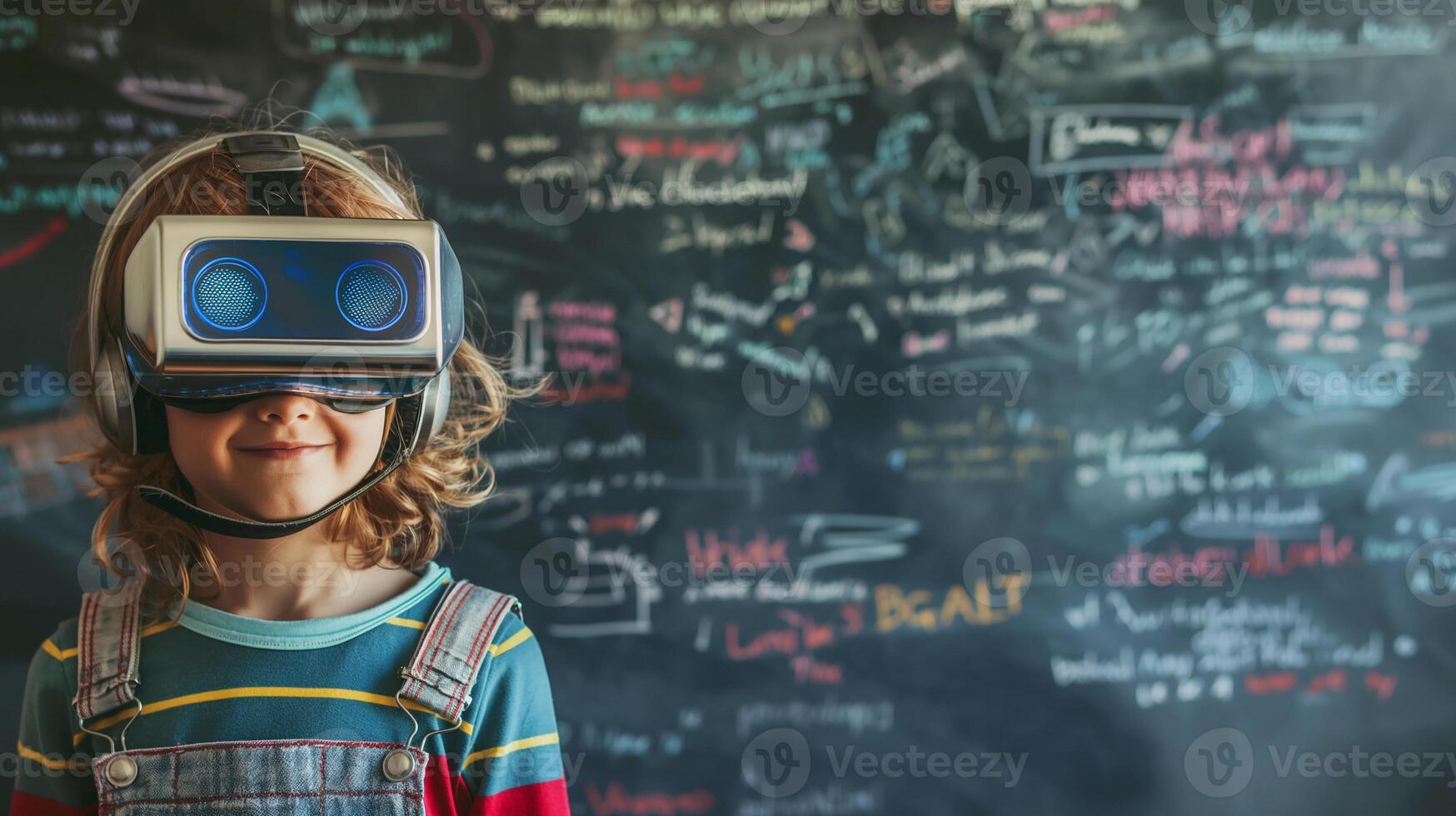 Innovative technology and education. Children studying with virtual reality headset in classroom. Blackboard background with chalk writing. Back to school concept. photo