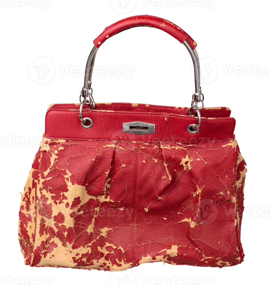 Damaged red clutch with faux leather peeled and cracked isolated on transparent background png