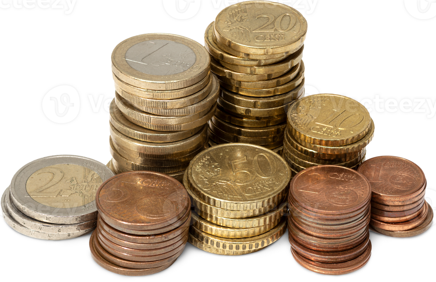 Variety of Euro coins stacked isolated on transparent background png
