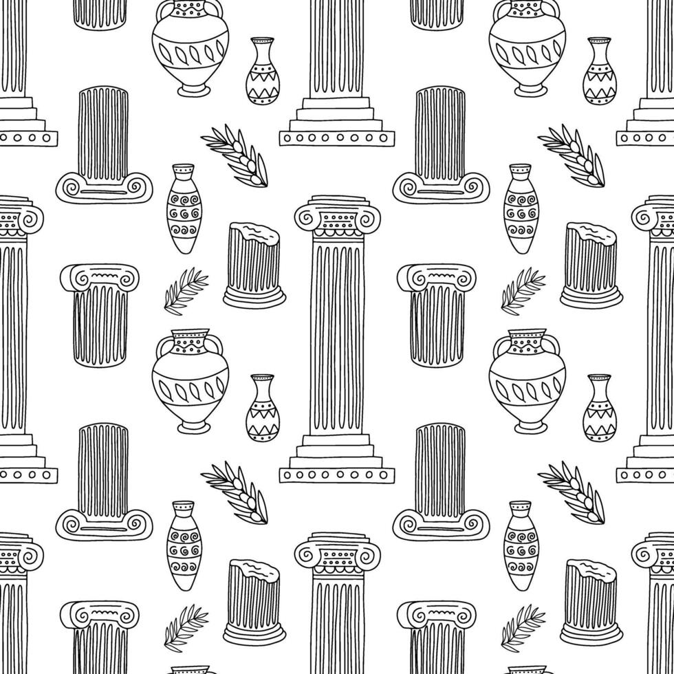 Marble ancient columns seamless pattern. pattern with Greek statues and vases vector