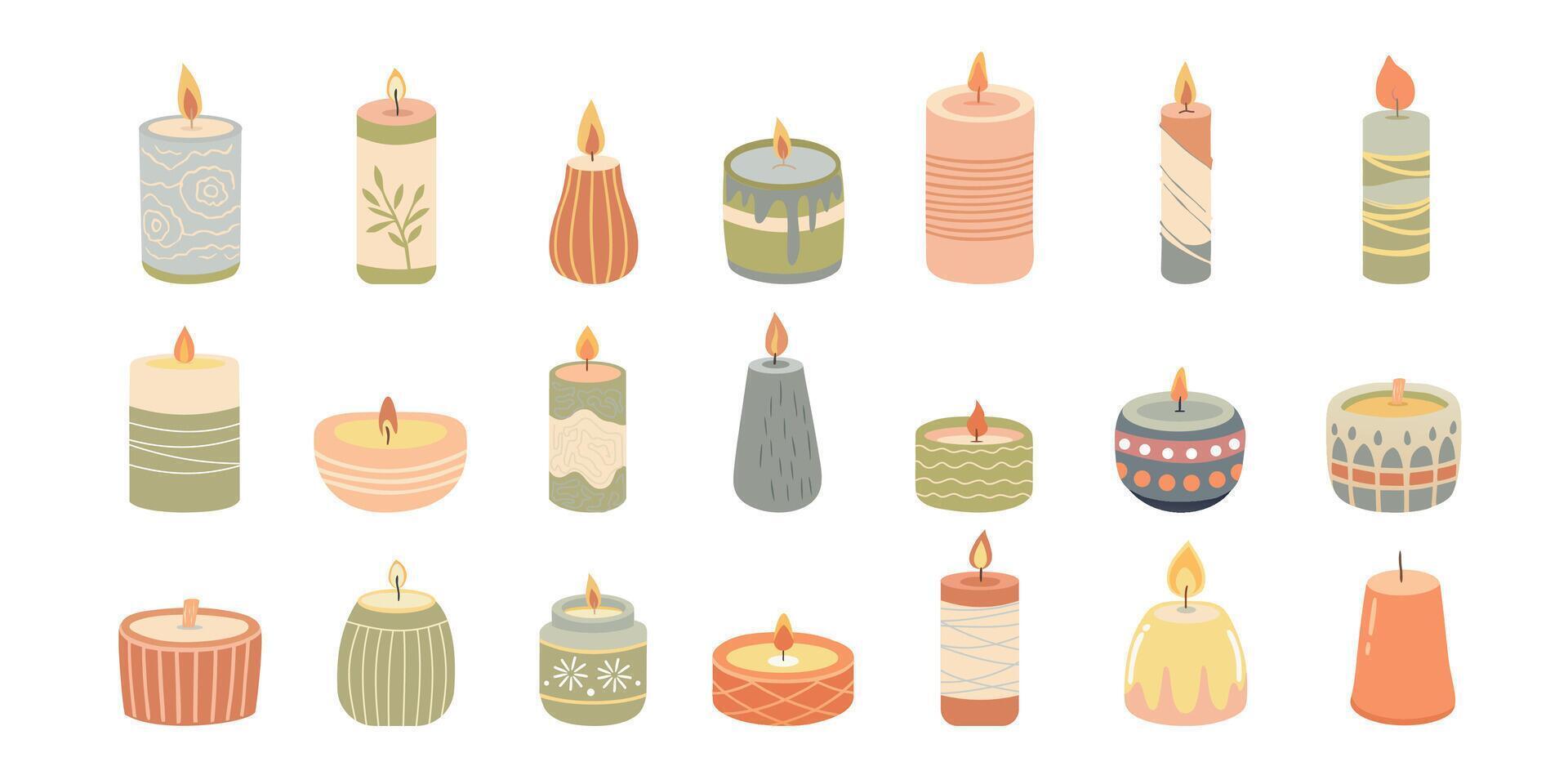 Set of candles in scandinavian style. Various Candles. Different shapes and sizes. illustration. vector