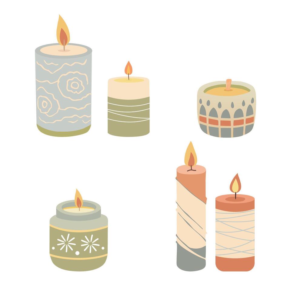 Set of candles in scandinavian style. Various Candles. Different shapes and sizes. illustration. vector