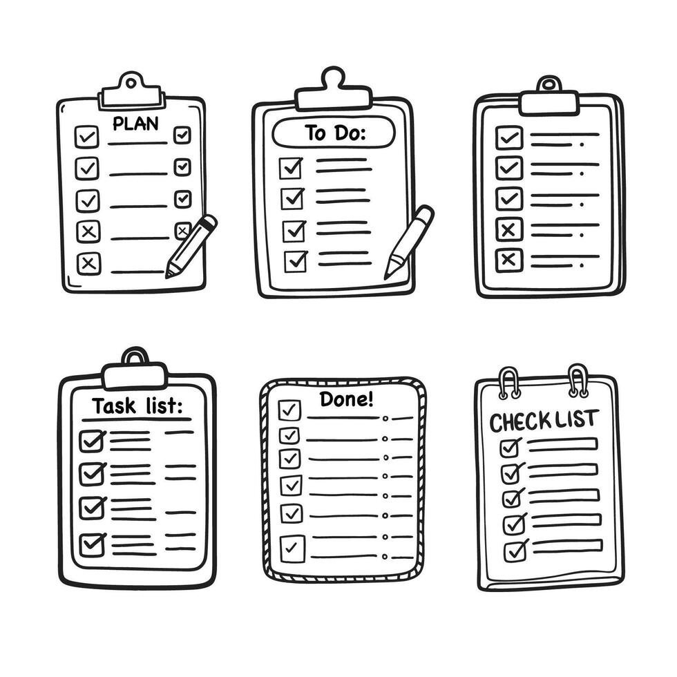 Doodle checklist set. To do, task list with check mark illustration. Hand drawn sketch style memo page. vector
