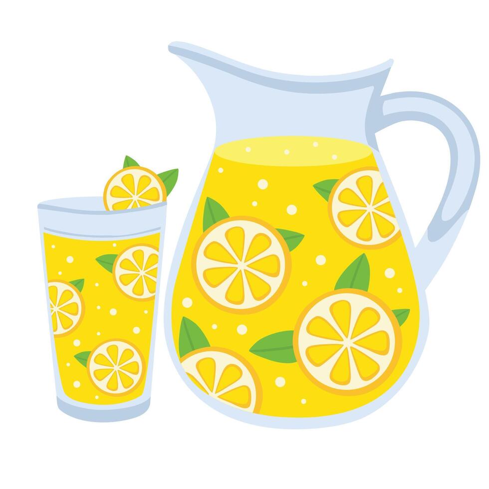 Lemonade in a jug and a glass. Lemon slice and mint leaves. illustration isolated on a white background. vector