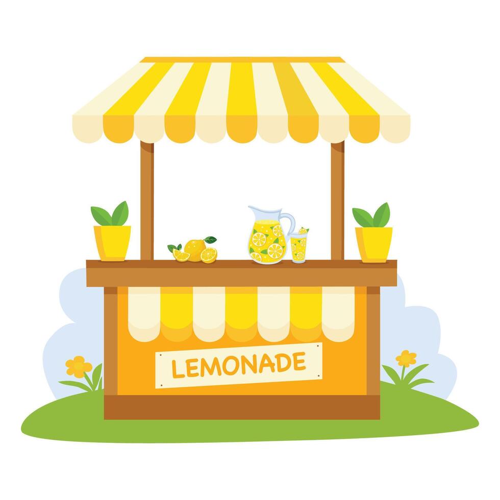 Wooden lemonade stand and lemon juice. illustration vector