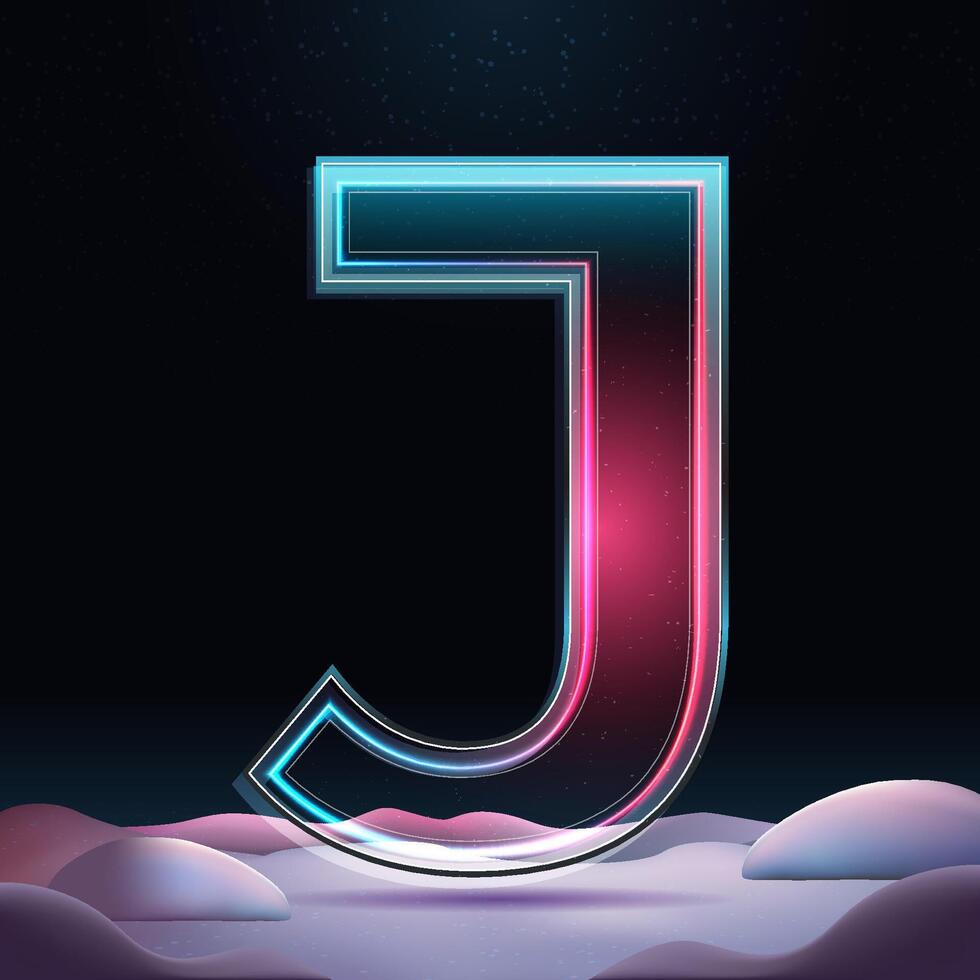 3D glass letter J with neon light insight. Big relistic letter with sparkles and winter background. Holiday decoration. Element for design poster, advertisign or game vector