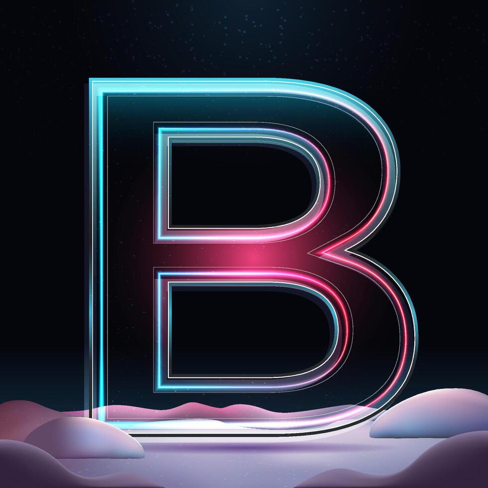 3D glass letter B with neon light insight. Big relistic letter with sparkles and winter background. Holiday decoration. Element for design poster, advertisign or game vector