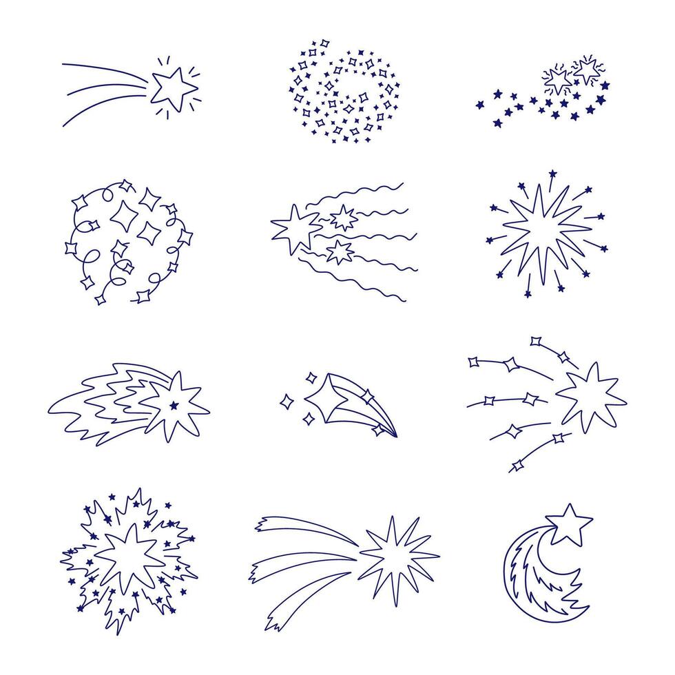 Big cute set of star dust, spiral twinkle cloud, falling star clipart with hand drawn doodle outline. Sparkling magical stardust, comet shower. Astrology, astronomy, universe, Christmas element. vector