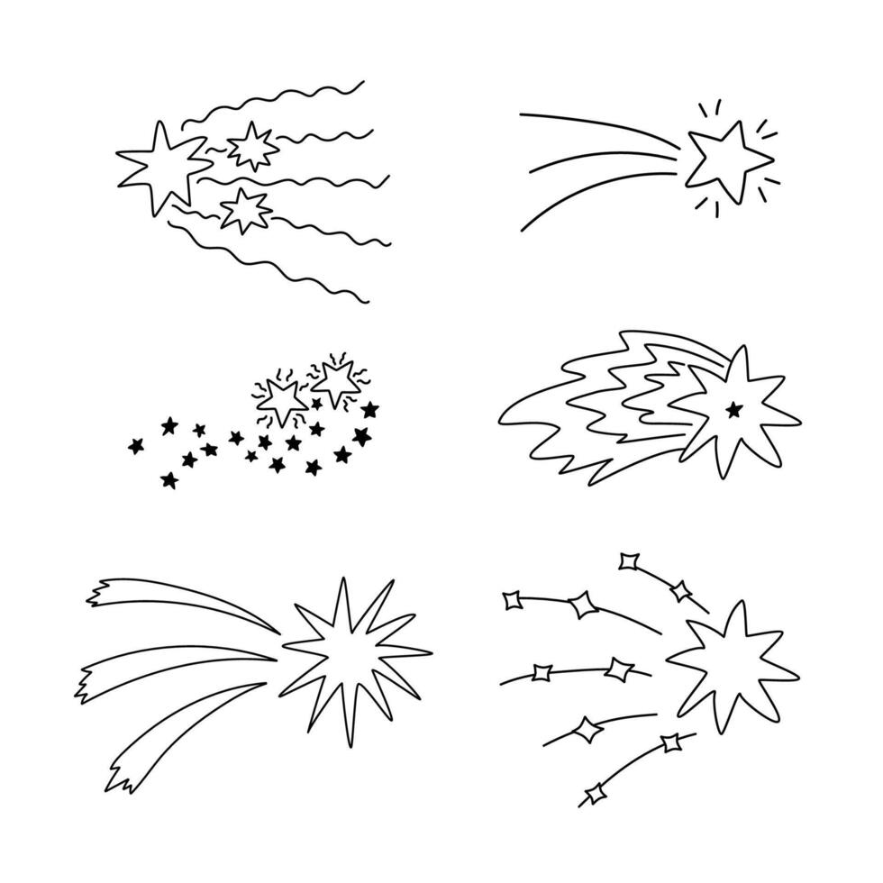 Trendy set of star dust, spiral twinkle cloud, falling star clipart with hand drawn doodle outline. Sparkling magical stardust, comet shower. Astrology, astronomy, universe, Christmas element. vector