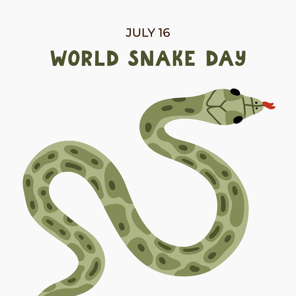 Simple cute banner for World Snake Day at 16th of July with cartoon serpent and lettering. Holiday concept for website, poster, background, card to raise awareness about importance of snakes, viper. vector