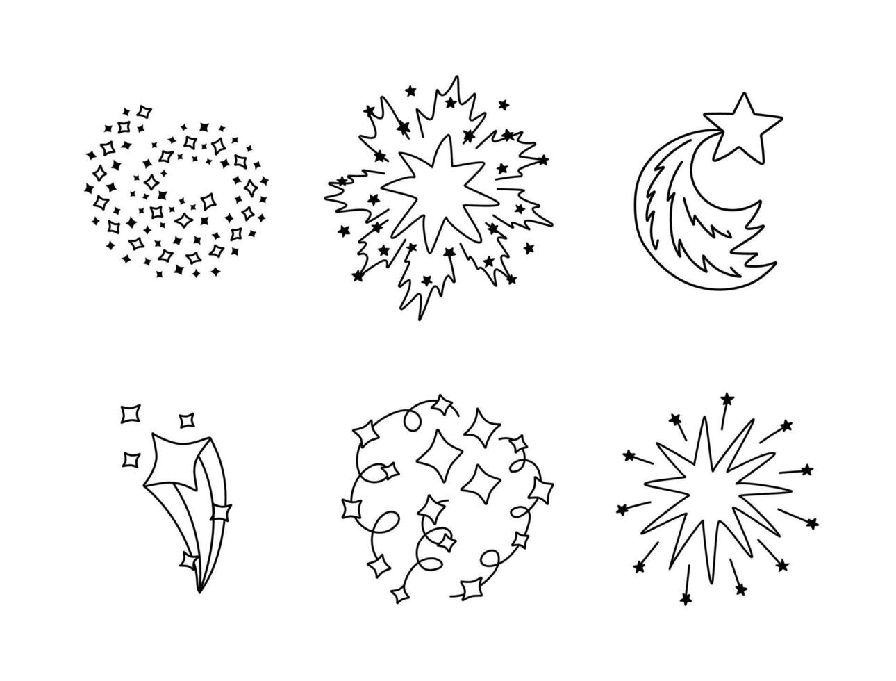 Trendy set of star dust, spiral twinkle cloud, falling star clipart with hand drawn doodle outline. Sparkling magical stardust, comet shower. Astrology, astronomy, universe, Christmas element. vector
