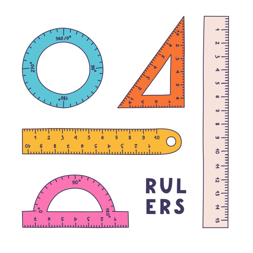 Cute colorful doodle set of plastic rulers, protractor, triangle, compass with hand drawn outline. Tools for drawing and measurement. School supply and stationery for study and work. clipart vector