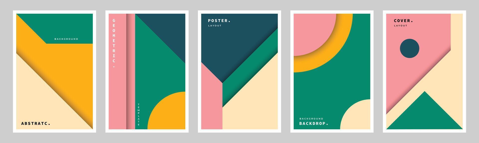Set of colorful abstract geometric background. Modern geometrical poster design bundle. Creative minimalist cover template pack. Orange, green, and pink colors. vector