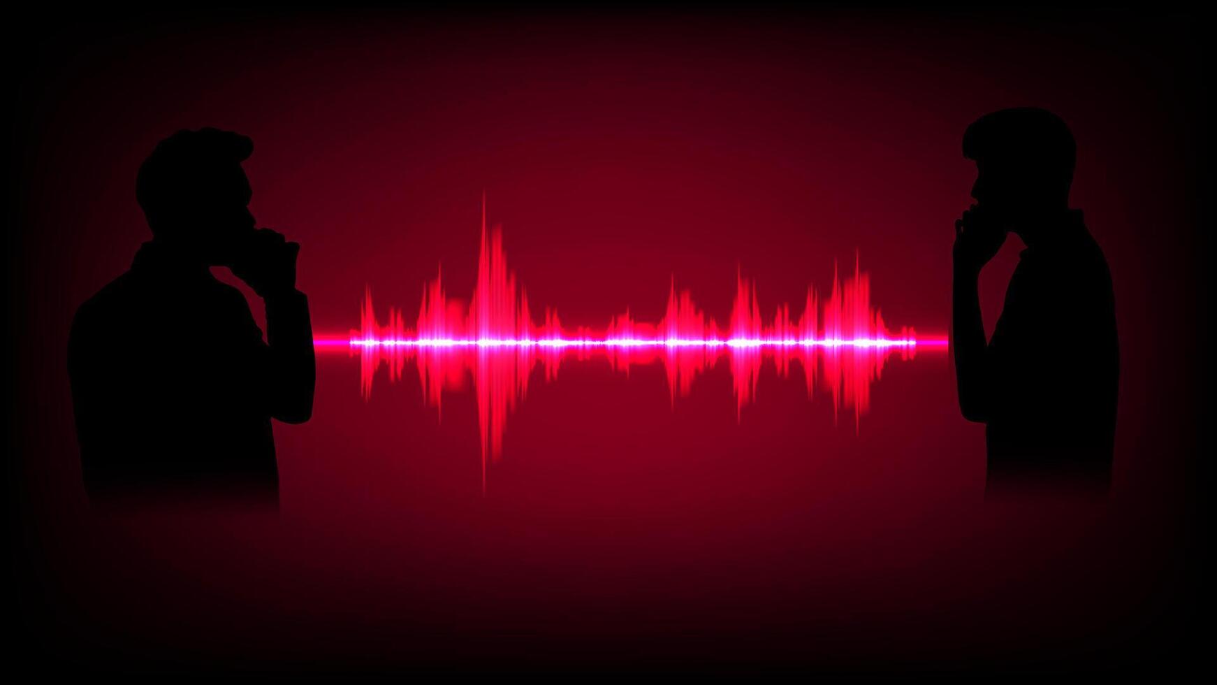 silhouette of two people talking with the symbol Sound Wave Blue Digital Frequency wavelength graphic design Illustration vector