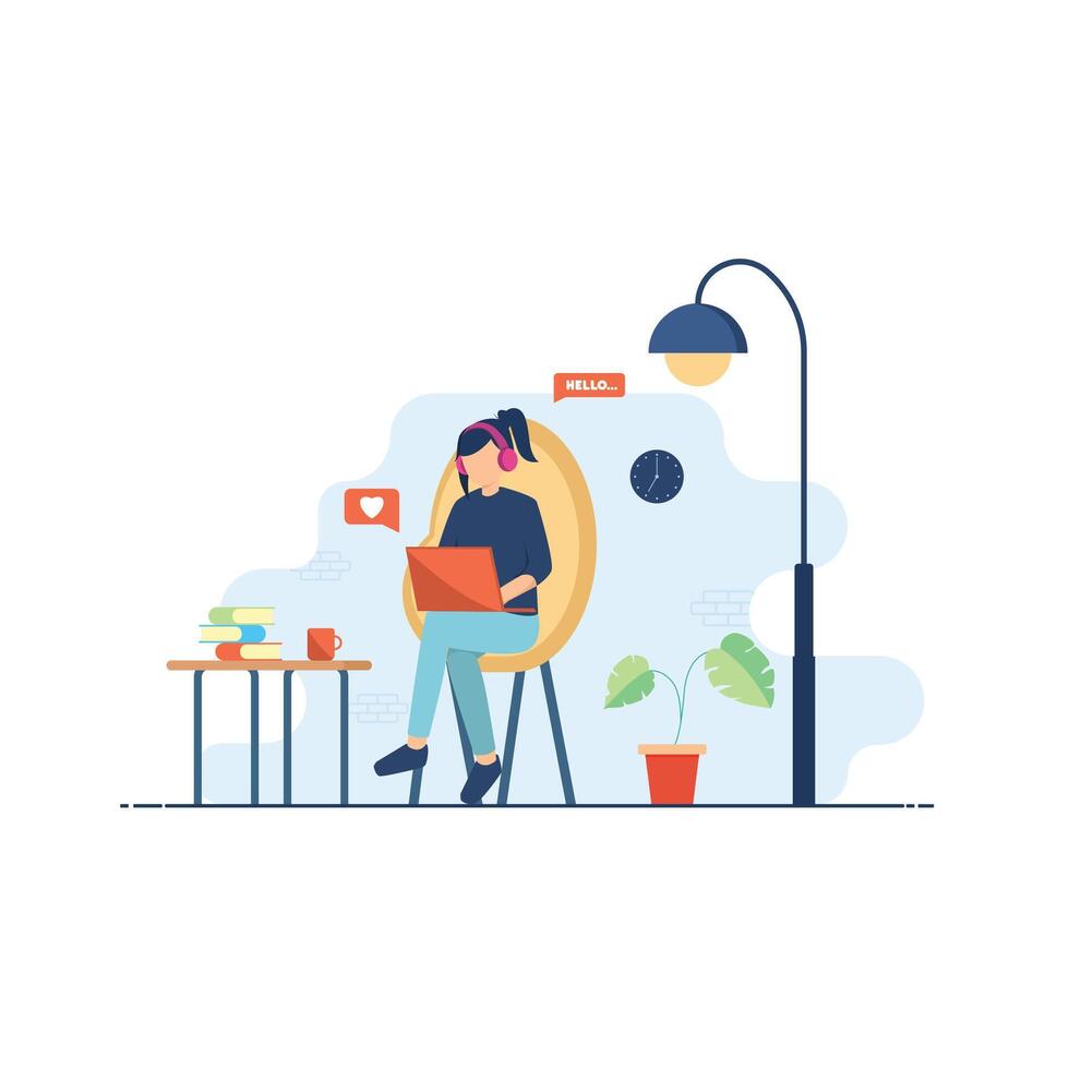 Illustration of freelancer woman working on laptop. Flat design for web design, ui, etc. vector