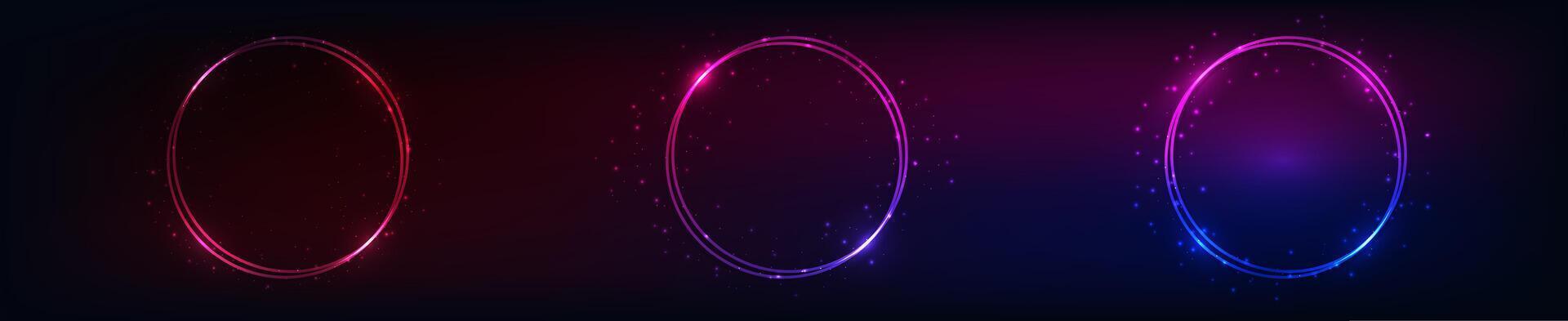Neon double round frame with shining effects vector