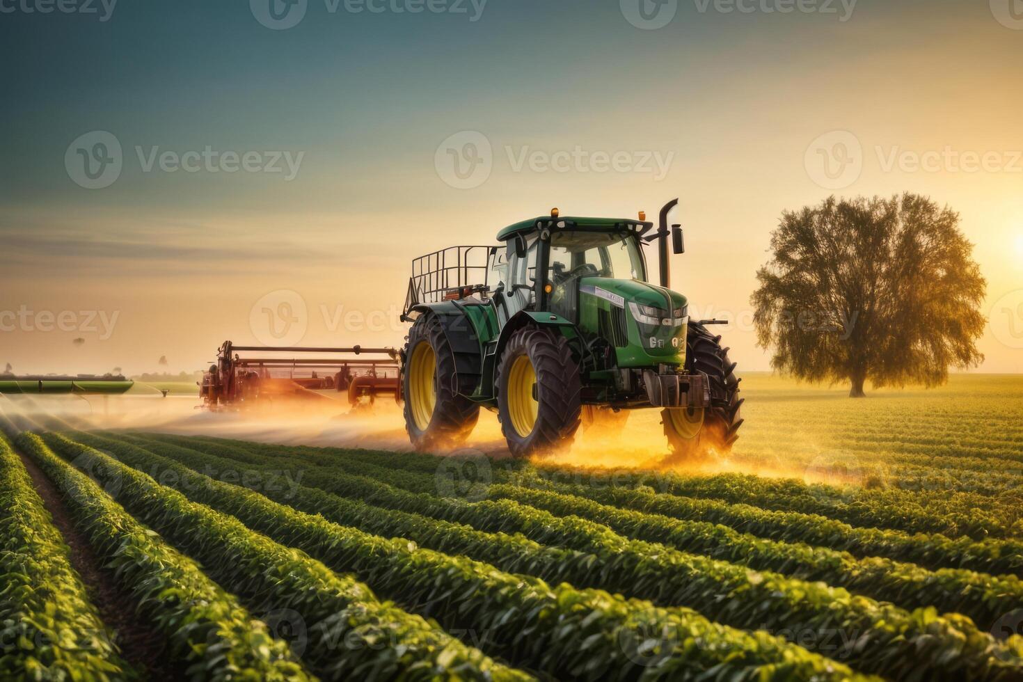 Tractor machine spraying pesticide fertilizer on soybean crop farmland. agriculture, farming and harvesting photo