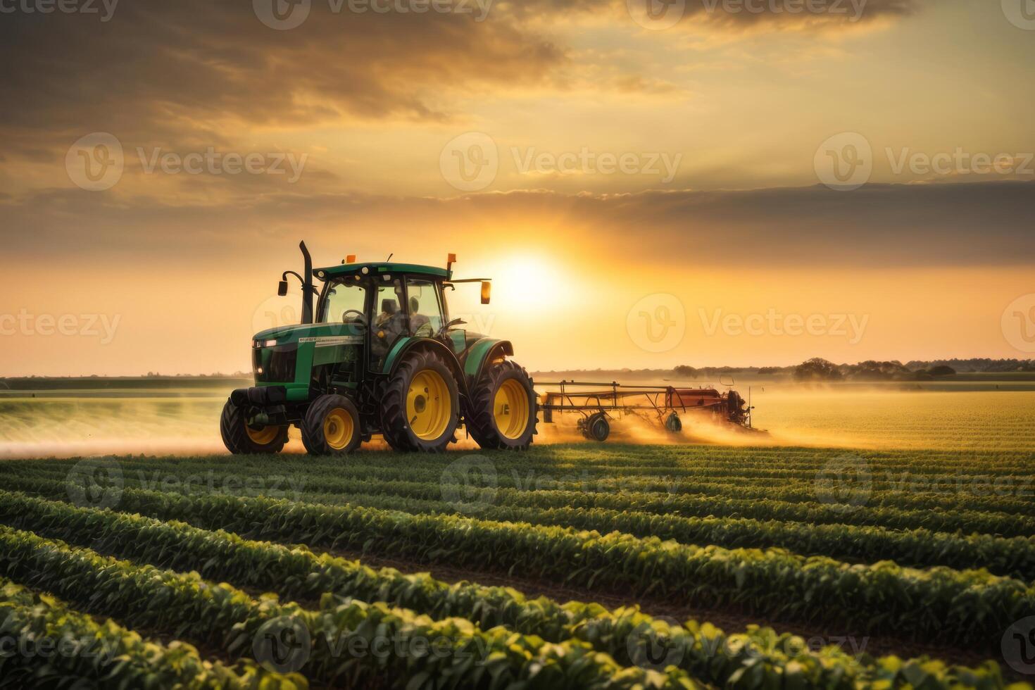 Tractor machine spraying pesticide fertilizer on soybean crop farmland. agriculture, farming and harvesting photo