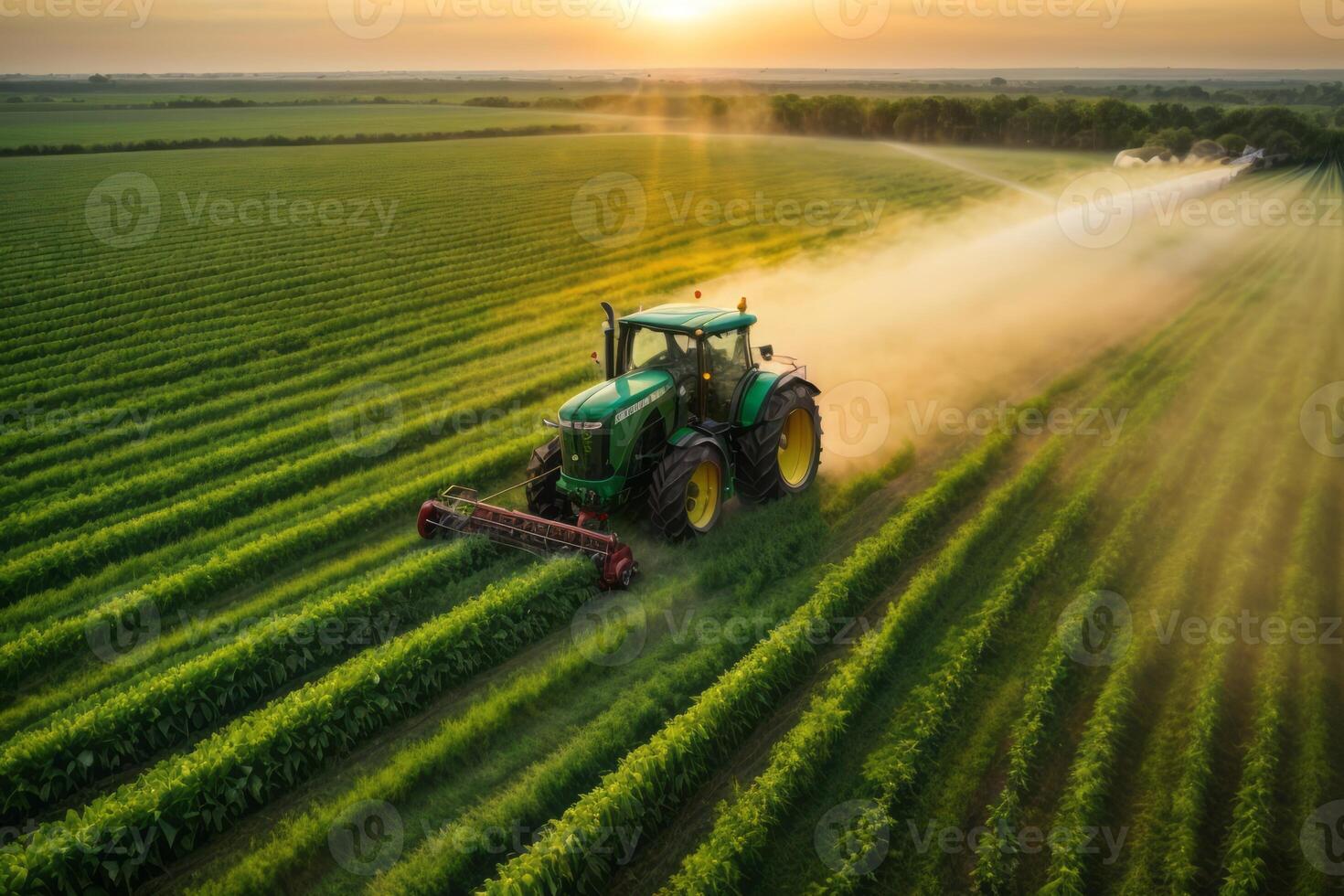 Tractor machine spraying pesticide fertilizer on soybean crop farmland. agriculture, farming and harvesting photo