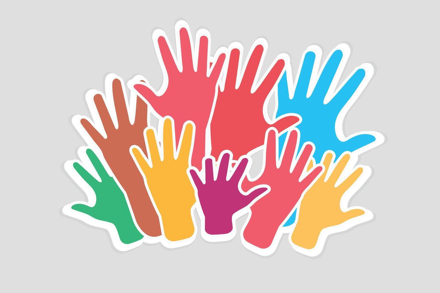 Colorful hands up. illustration of charity team social work. vector