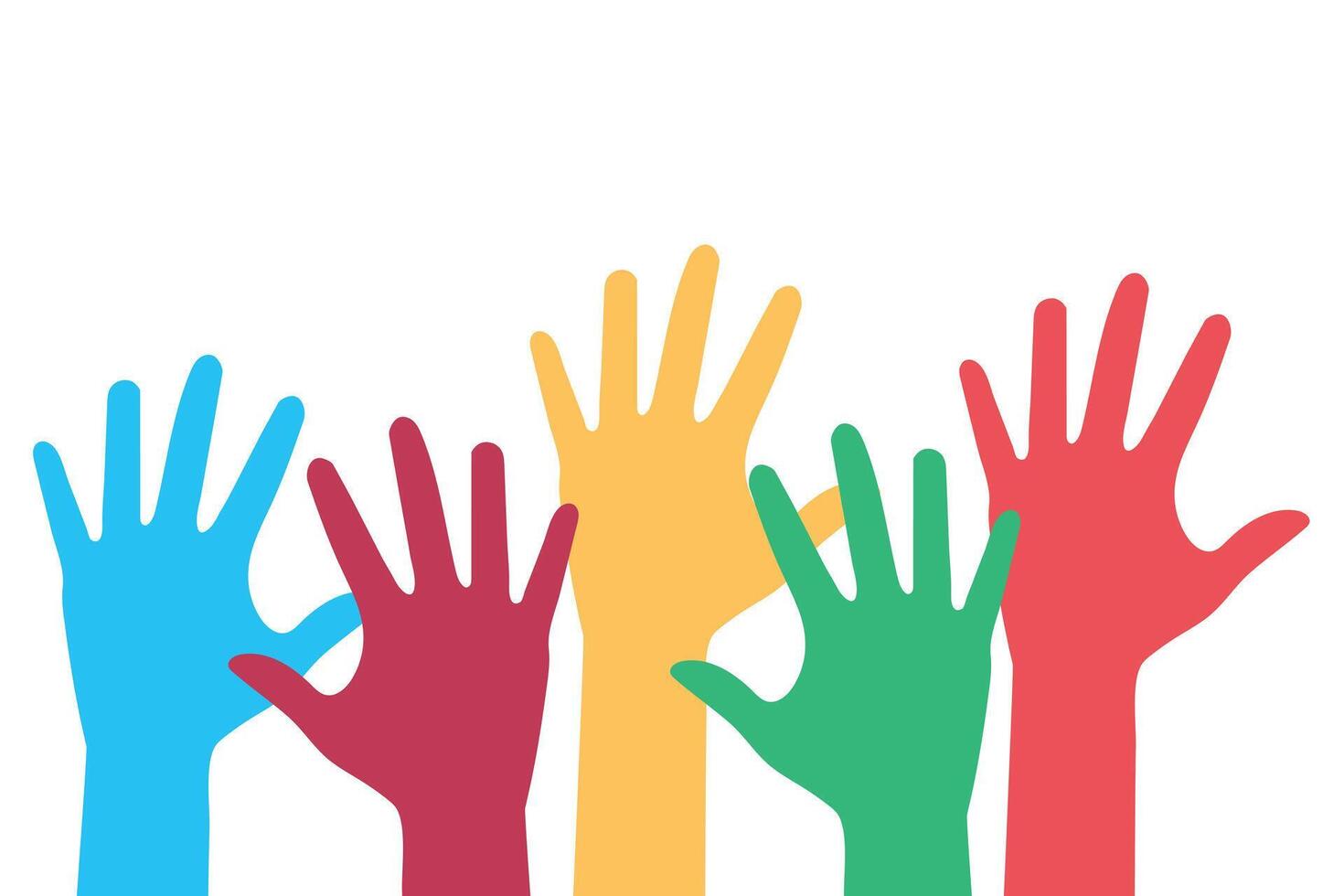 Colorful hands up. Volunteering concept, charity organization, teamwork. vector