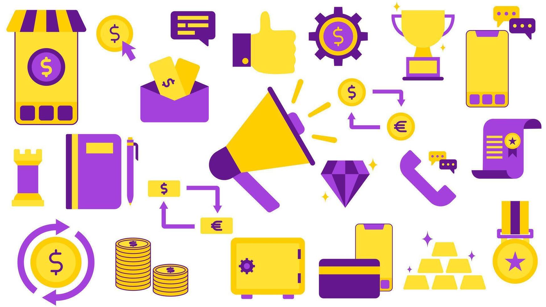 Business Commerce Elements - Store Coin Chat Like System Economy Trophy Smartphone Chess Notebook Salary Megaphone Exchange Money Cash Contract Certificate Coins Strongbox Debit Gold Medal Diamond vector