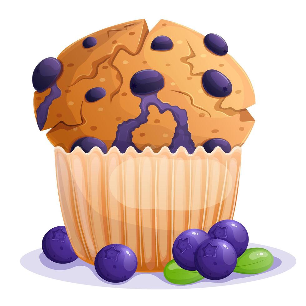 Blueberry muffin decorated with berries isolated on white. Sweet pastry dessert. Bakery shop design element. vector