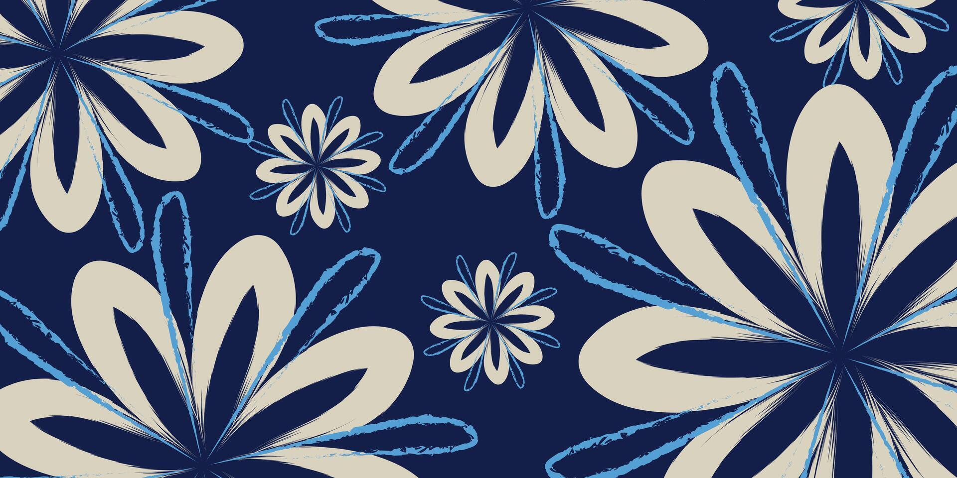 Modern Japanese seamless pattern of traditional clothes design. Decorative wallpaper. Blue and grey floral textile tropical bicolor flower and leaves vector