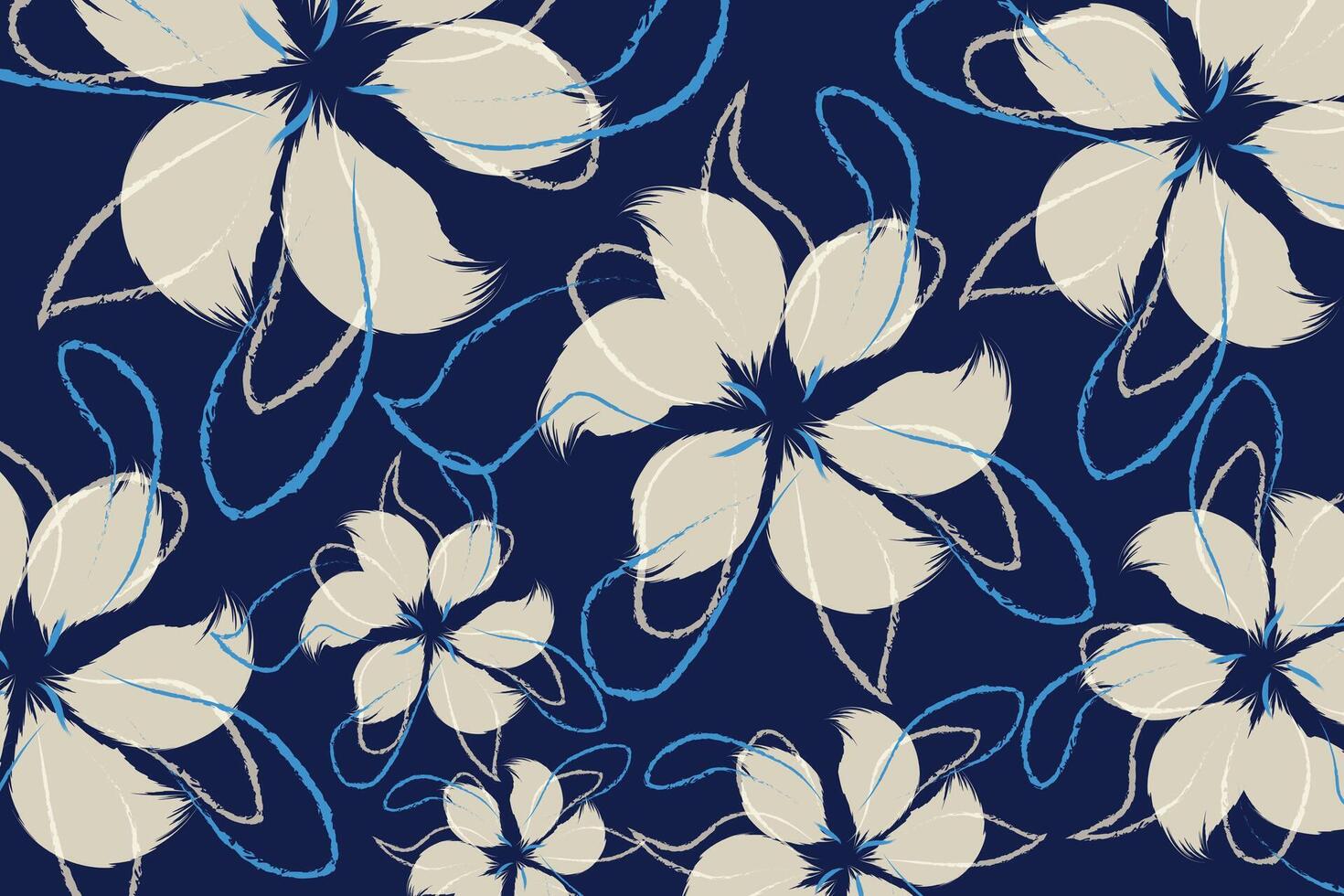 Seamless textile of fabric and hand drawing patterns. A blue and grey floral textile tropical bicolor flower and leaves miniprint. A flowers geometric textile vector