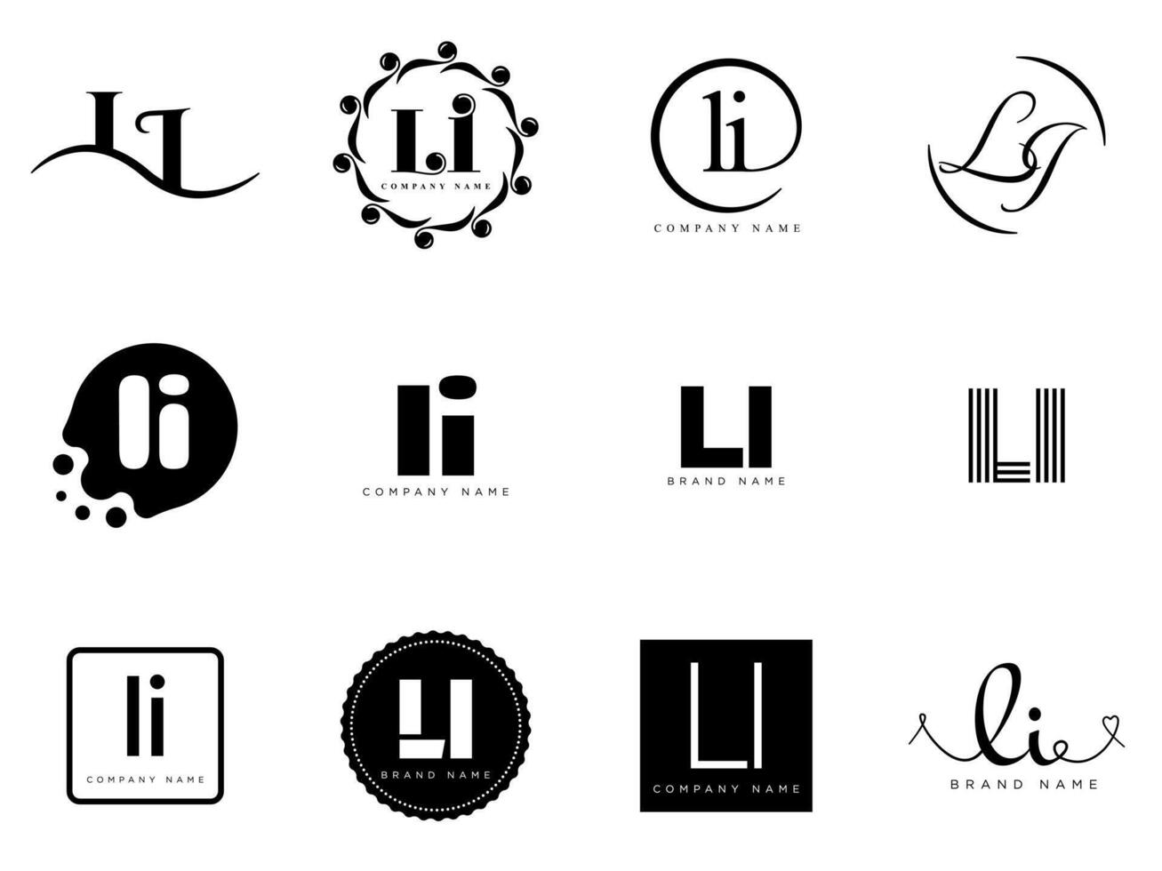 LI logo company template. Letter l and i logotype. Set different classic serif lettering and modern bold text with design elements. Initial font typography. vector