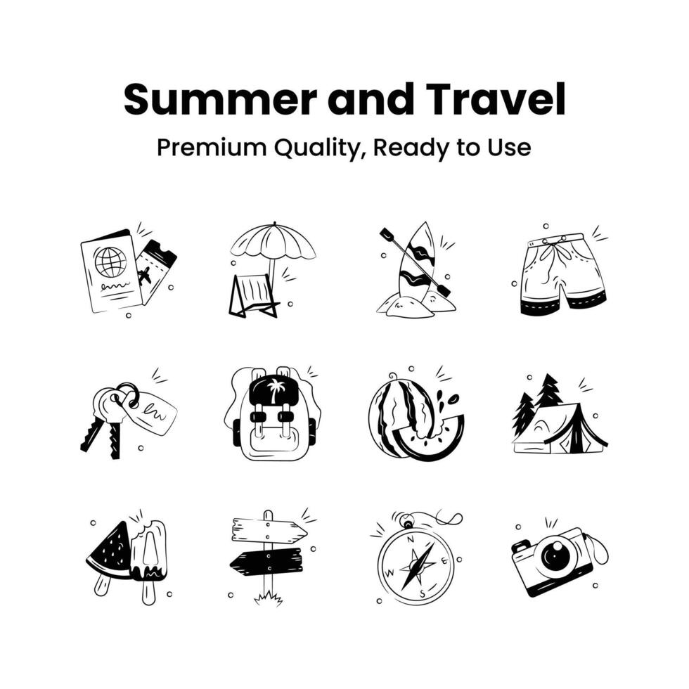 Grab this creatively crafted unique summer and travel icons, ready to use and download vector