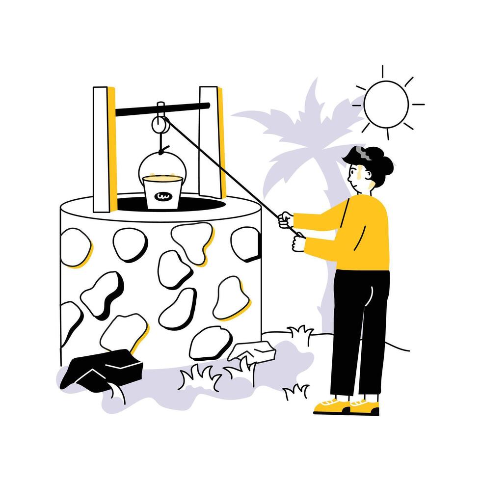 A man pulling out water in bucket from well, modern style illustration vector