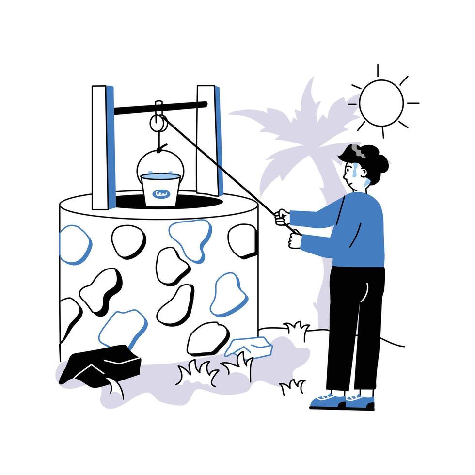 A man pulling out water in bucket from well, modern style illustration vector