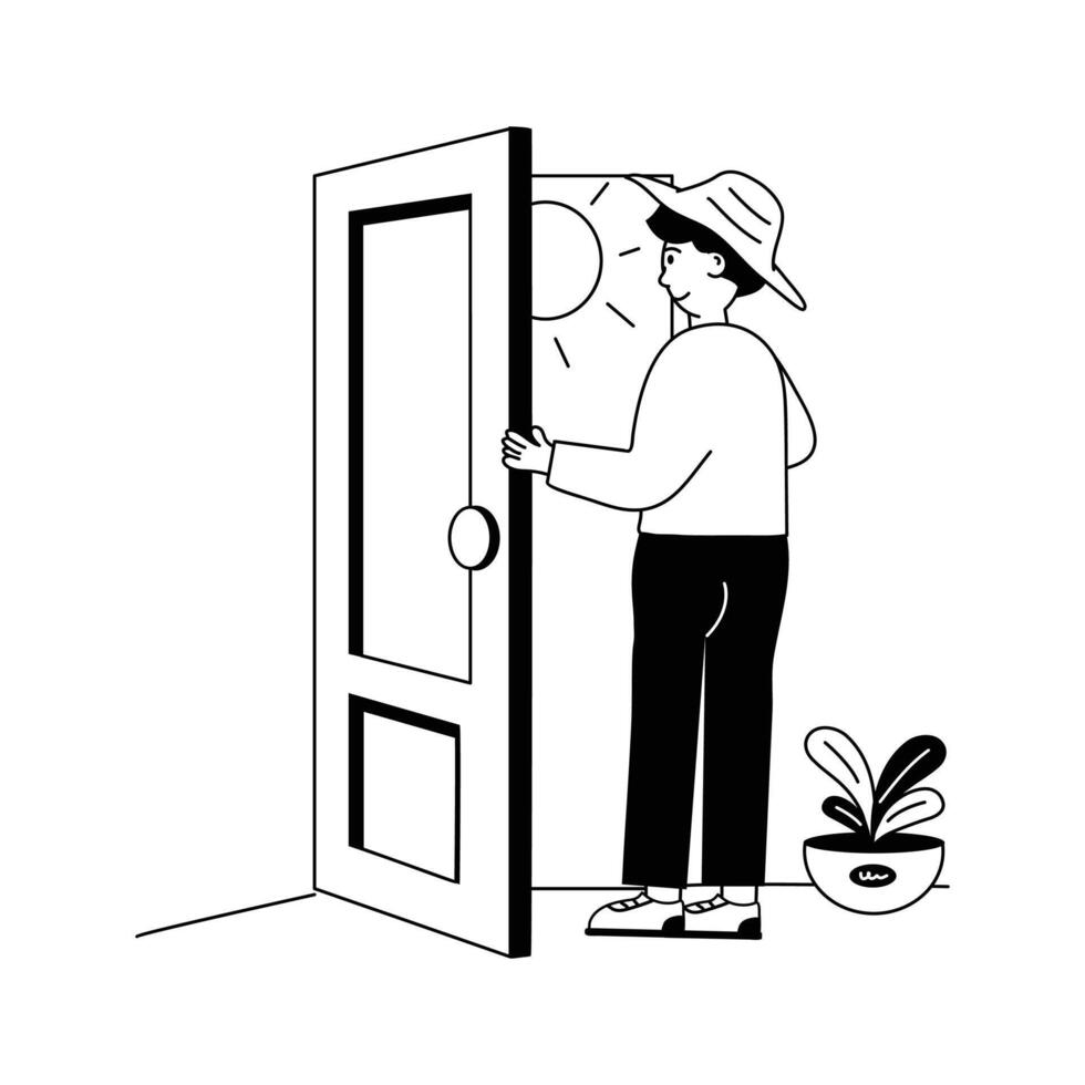 A man standing on door in summer morning for fresh air, summer morning illustration vector