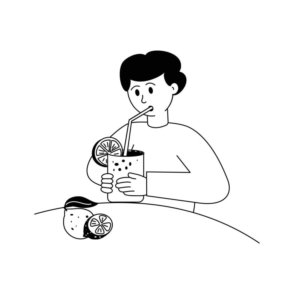 A man drinking fresh juice, summer drink character illustration vector
