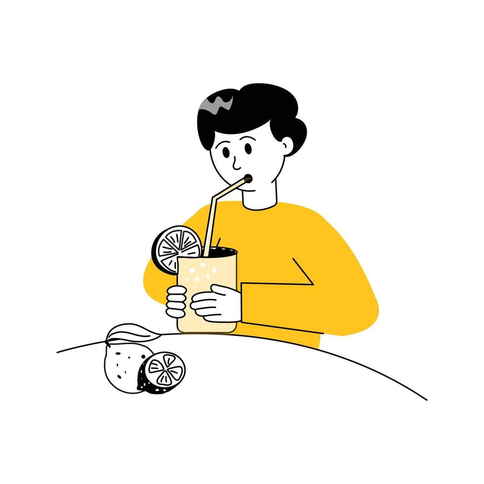 A man drinking fresh juice, summer drink character illustration vector