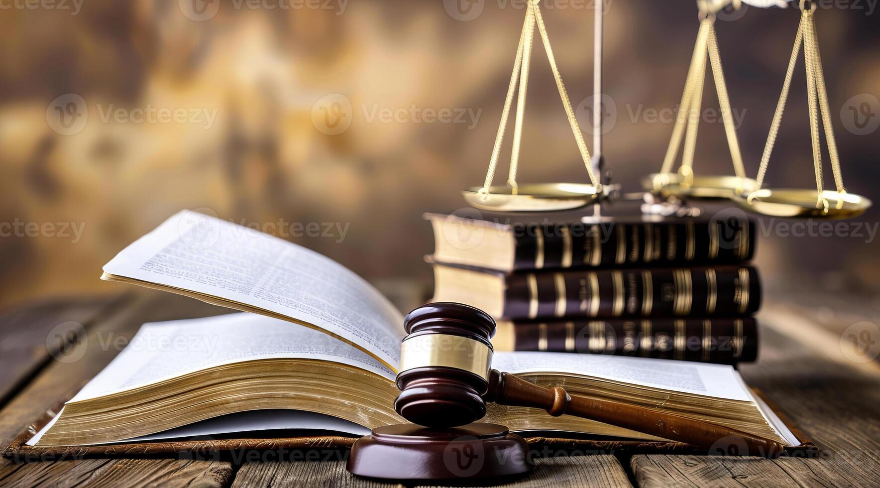 A law book, gavel and pair of scales on a table. Concept of justice for all and fair jury trial photo