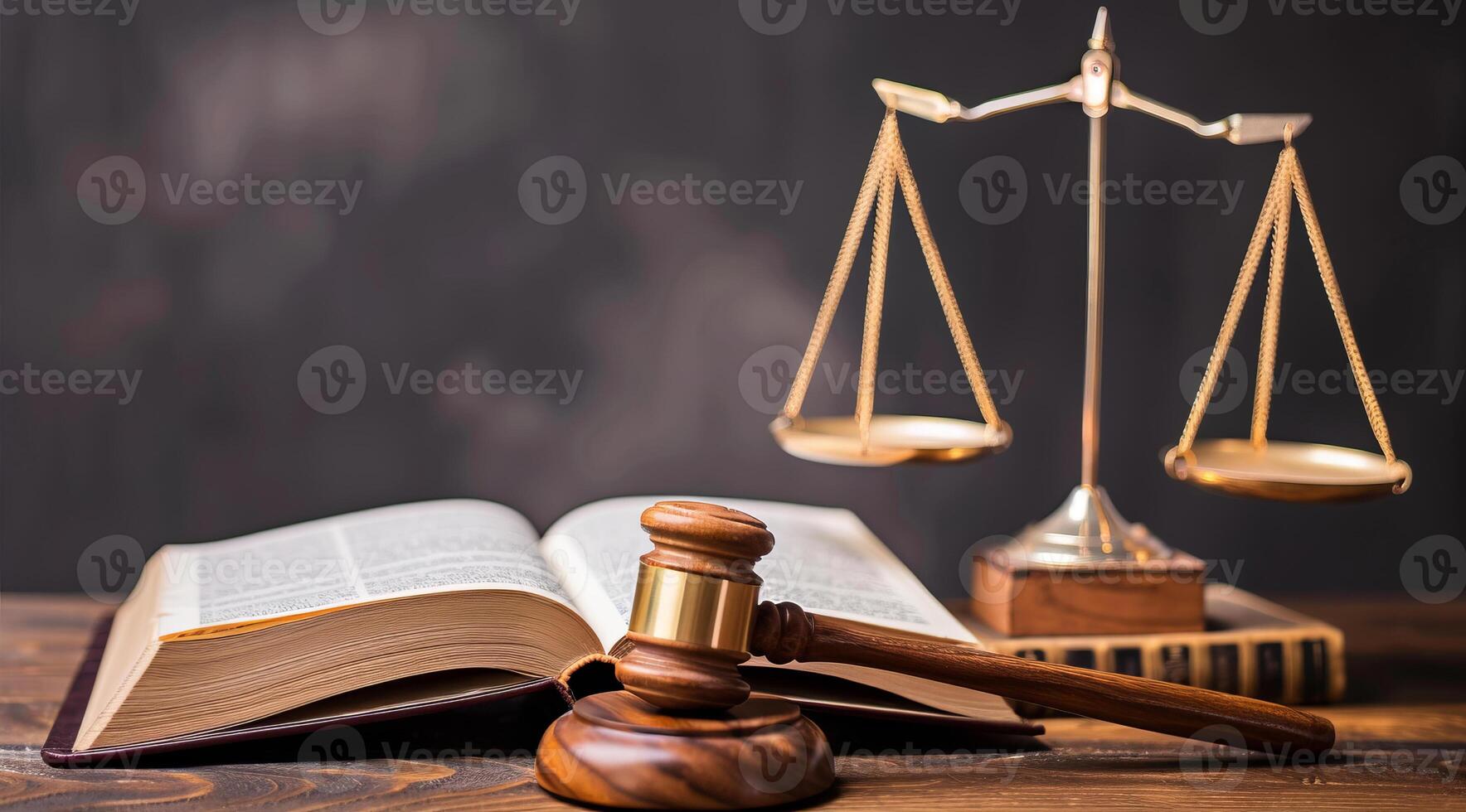 A law book, gavel and pair of scales on a table. Concept of justice for all and fair jury trial photo