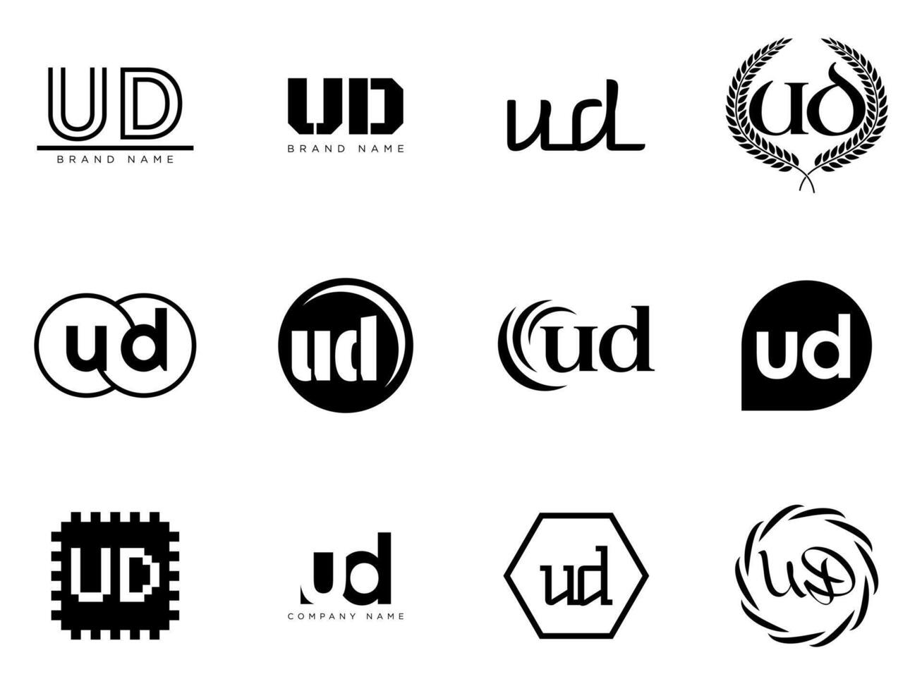 UD logo company template. Letter u and d logotype. Set different classic serif lettering and modern bold text with design elements. Initial font typography. vector