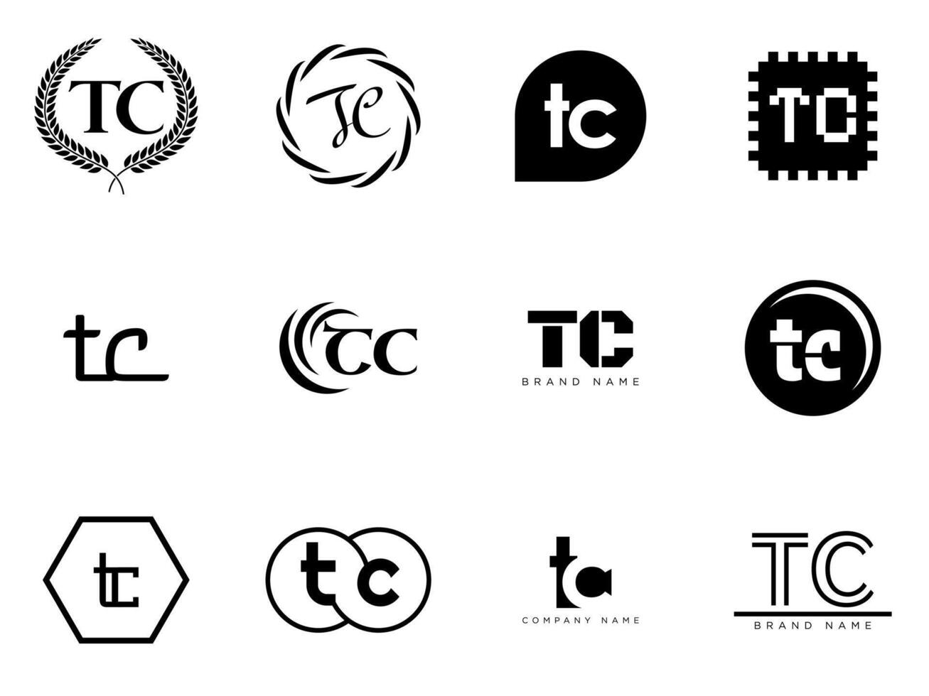 TC logo company template. Letter t and c logotype. Set different classic serif lettering and modern bold text with design elements. Initial font typography. vector