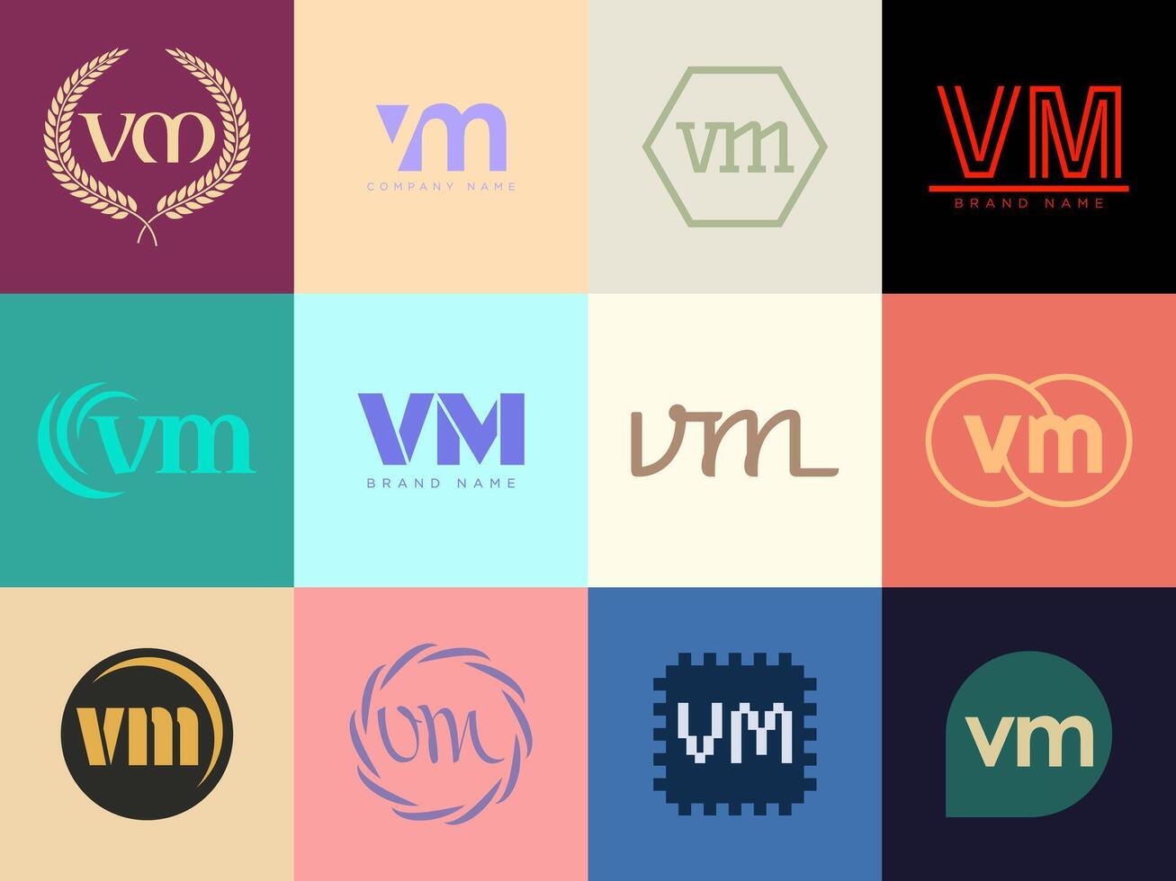 VM logo company template. Letter v and m logotype. Set different classic serif lettering and modern bold text with design elements. Initial font typography. vector