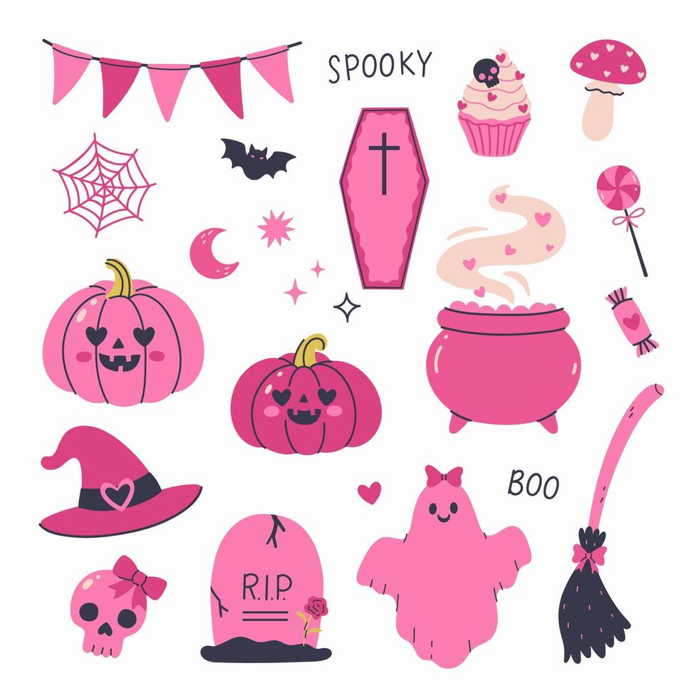 Set of pink halloween celebration elements. graphics vector