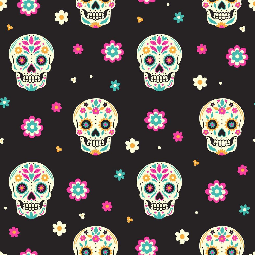 Sugar skulls and flowers on a dark background seamless pattern. graphics. vector