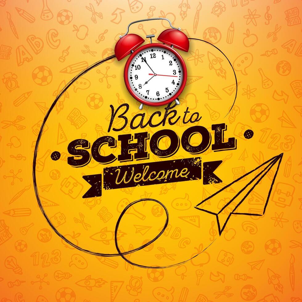 Back to school design with red alarm clock and typography on yellow background. education concept illustration with hand drawn doodles for greeting card, banner, flyer, invitation, brochure or vector