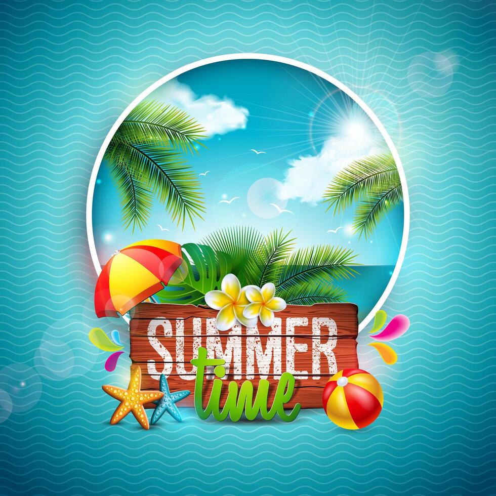 Summer Holiday Design with Flower, Tropical Palm Leaves and Air Balloon on Ocean Landscape Background. Vacation Illustration with Typography Letter on Vintage Wood Board for Banner, Flyer vector