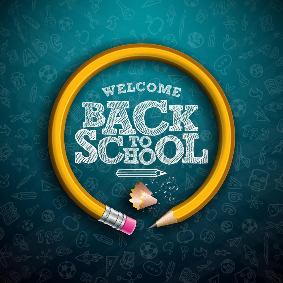 Back to School Design with Graphite Pencil and Typography Lettering on Blue Chalkboard Background. School Education Illustration with Hand Drawn Doodles for Greeting Card, Banner, Flyer vector