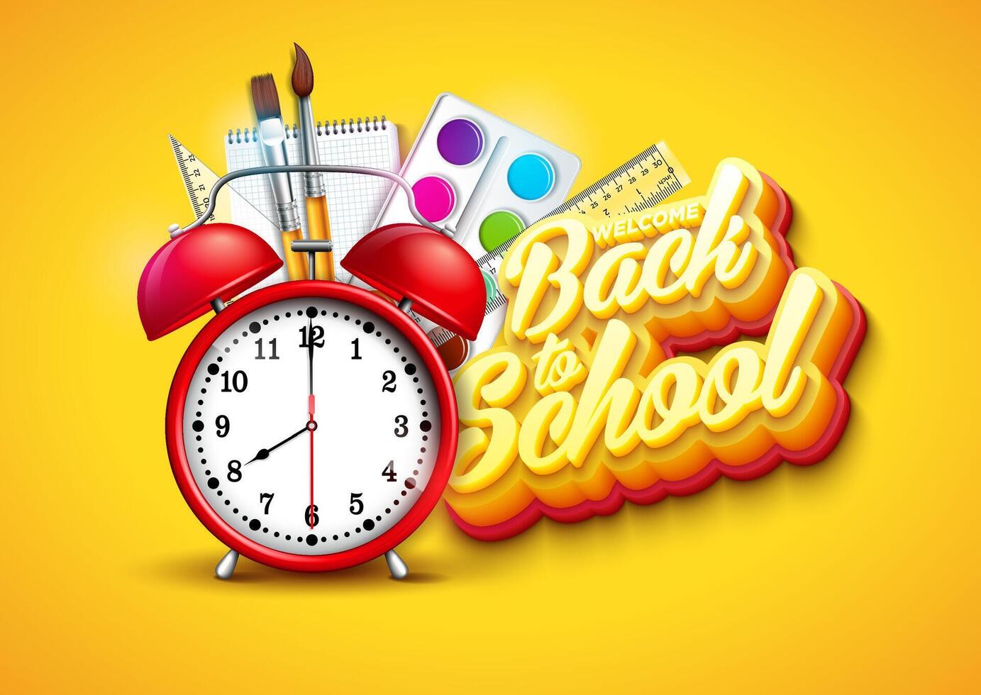 Back to School Design with Alarm Clock, Educational Supplies and Typography Lettering on Yellow Background. School Illustration for Greeting Card, Banner, Flyer, Invitation, Brochure or vector