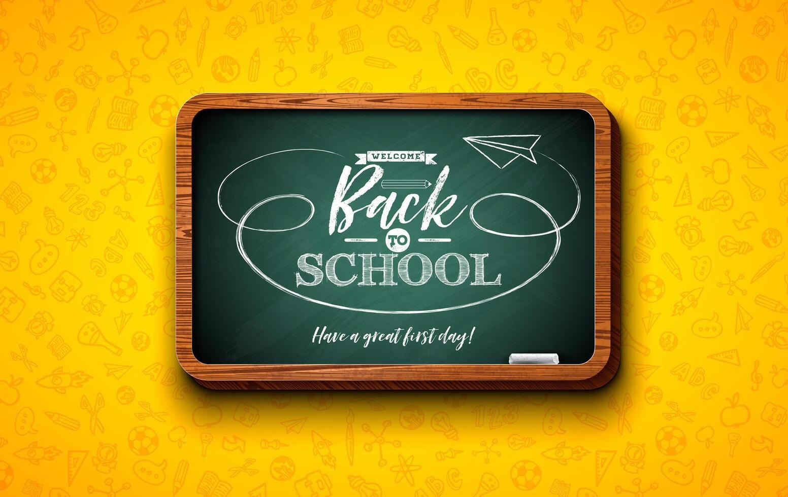 Back to School Design with Chalkboard and Typography Lettering on Yellow Hand Drawn Doodles Background. School Education Illustration for Greeting Card, Banner, Flyer, Invitation, Brochure or vector