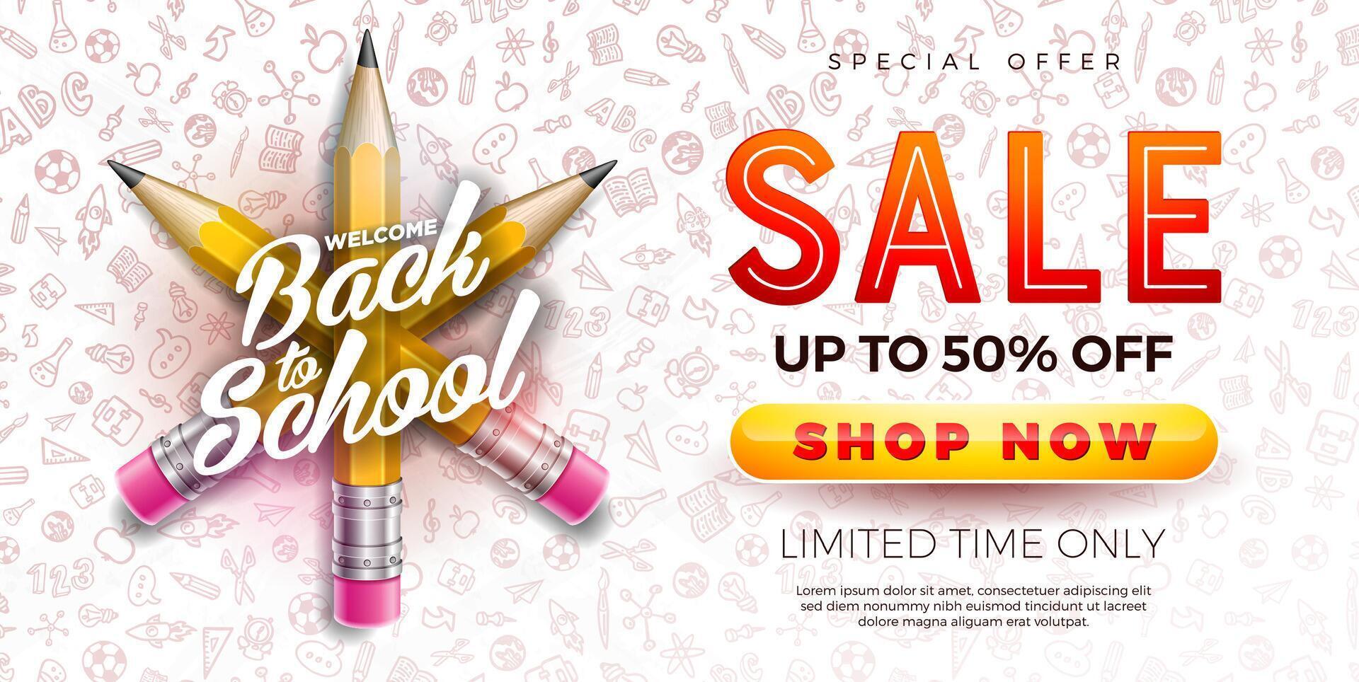 Back to School Sale Design with Graphite Pencil and Typography Letter on Hand Drawn Doodles Background. Business Concept Illustration with Special Offer Elements for Coupon, Voucher, Banner vector