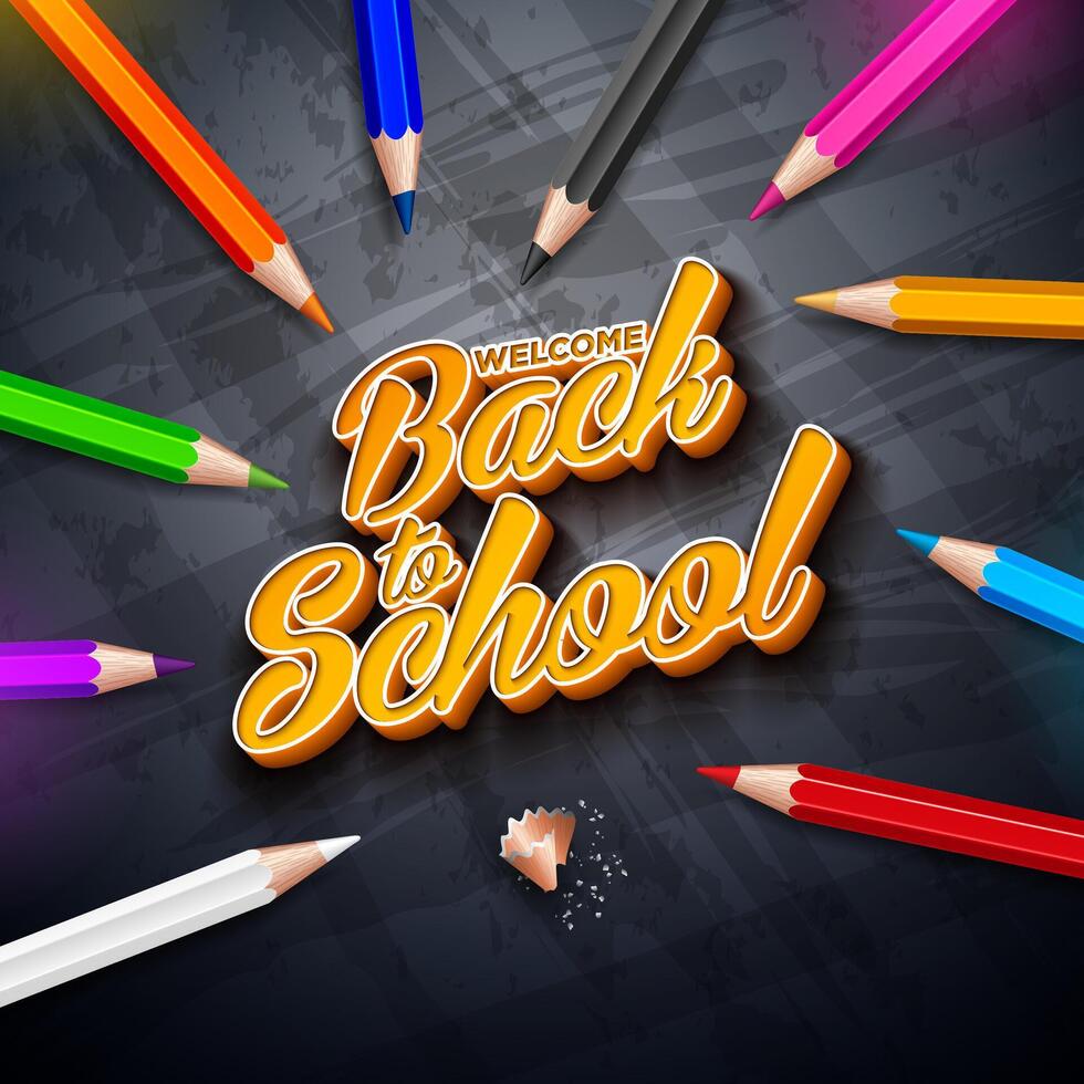 Back to School Design with Colorful Pencil and 3d Typography Lettering on Black Chalkboard Background. School Education Illustration with Hand Drawn Doodles for Greeting Card, Banner, Flyer vector